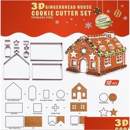 Baking Moulds Bar 3D Gingerbread House Stainless Steel Christmas Scenario Cookie Cutters Set Biscuit Mould Fondant Cutter Tool Drop D Dhrgy