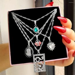 Chains Punk Silver Colour Crystal Dragon Heart Pendant Necklace Multilayer Portrait Charms Twisted Clavicle Chain Necklaces Women