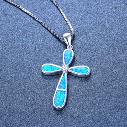 Pendant Necklaces Fashion White Blue Fire Opal Necklace Boho Female Big Cross Vintage Silver Color Engagement For Women