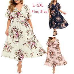 Basic Casual Dresses Fashion Plus Size 3XL 4XL 5XL Women Dress Floral Chiffon Flower Bohemian Beach Summer Urban Gypsy Ropa Vestidos 230629