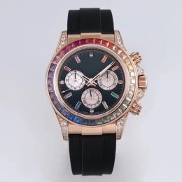 Herren-Armbanduhr für Sportmaschinen, handgefertigt, mit Diamant-Intarsien, wasserdicht und leuchtend, 40 mm Durchmesser, Regenbogen-Diamant, modische Star-Qualität