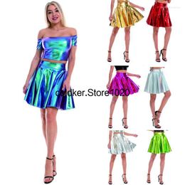 Skirts Multicolor Women Faux Leather Pleated Fashion Casual High Waist Large Swing Stretch PVC Mini Short Skirt Nightclub S-XL