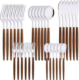 Dinnerware Sets 30-Piece Wood Flatware Set Premium Shiny Silver Stainless Steel Cutlery Wooden Handle Dinner Knife Fork Spoon