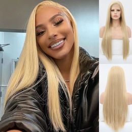 Honey Blonde Lace Front Wigs for Women Long Silky Straight Hair Glueless Heat Resistant Fibre Hair Side Part