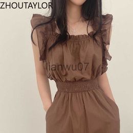 Women's Jumpsuits Rompers ZHOUTAYLOR Jumpsuit Women Office Lady High Waisted Straight Jumpsuits Femme Square Colla Butterfly Sleeve Bodysuit Female J230629