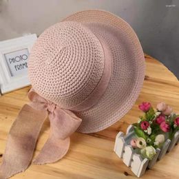 Wide Brim Hats Women Hat Ribbon Bowknot Decor Straw Solid Color Folding Round Dome Travel Breathable Big Sunscreen Beach