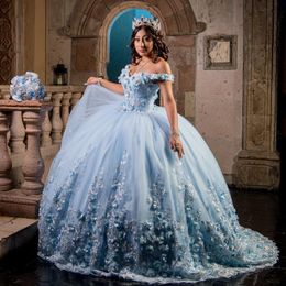 Sky Blue Off The Shoulder Quinceanera Dresses Tulle Appliques 3DFlower Beading Pageant Lace Up Vestidos De 15 Anos Princess Ball Gown