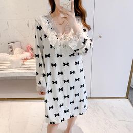 Women's Sleepwear Autunm Homewear Intimate Lingerie Bow Casual Lovely Home Clothing Nightdress Long Sleeve Velour Nightgown Sexy Short