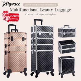 Makeup Train Cases Trolley Case Detachable 4 in 1 Alloy Briefcase for Nail Manicure on Wheels Lock Salon Large Capacity Storage 230628