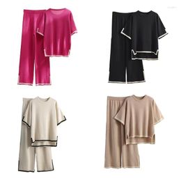 Women's Tracksuits Short Sleeves Blouses High Waist Trousers O-neck Casual Wearing Clothing Bows Tie Back Solid Color Shirts Set