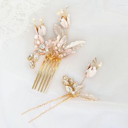 Hair Clips Bridal Accessories Copper Casting Flower Comb White Enamel Leaf Hairpin Jewellery