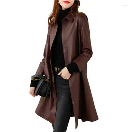 Women's Leather Trench Spring Autumn Wine Red Sheepskin Mid-Length Coat OL Jacket Lapel Collar Overcoat