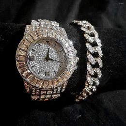 Wristwatches Iced Out Watches For Women Men Luxury Gold Diamond Chain Simple Watch With Bracelets Cuban Jewellery Set