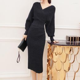 Casual Dresses Long Sleeve Women Solid Sheath V-neck Buttons High Waist Lady Elegant Vestidos Knitting Korean Style Bodycon Dress B69