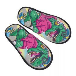 Slippers Humorous T Rex Dinosaur Riding On Skateboard Slipper For Women Men Fluffy Winter Warm Indoor