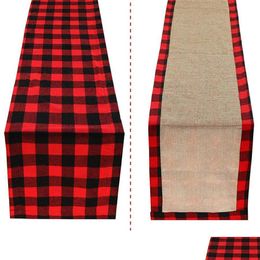 Table Runner Christmas Cotton Buffalo Cheque Plaid And Burlap Double Sided For Holiday Winter Home Decorations Jk1910Xb Drop Delivery Dhxz6