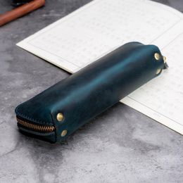 Bags Leather Retro Pen Storage Bag Handmade Gift Student Zipper Stationery Pencil Case Holder Unisex Portable Concise Style Original