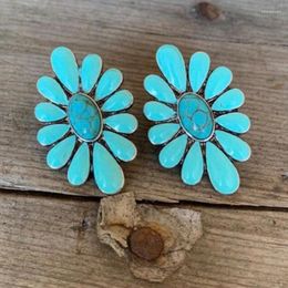 Stud Earrings Bohemian Ethnic Blue Natural Stone Flower Earring Fashion Silver Colour Metal Vintage For Women Jewellery Gifts Party