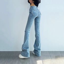 Women's Flare Sexy Hip Blue Jeans Full-Length Denim Pants High Strecth Women High Elasticity Stretch Love Pattern Cute