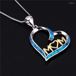 Pendant Necklaces Vintage Gold Colour MOM Necklace Blue Opal Stone Heart Boho Silver Chain For Women Mother's Gift