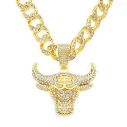 Pendant Necklaces Men Hip Hop Fashion Full Rhinestone Bull Head Necklace Sparkling Out Gold Plated Metal