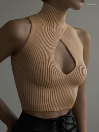 Women's Tanks Turtleneck Knitted Tank Tops Women Solid Off Shoulder Sleeveless Hollow Out Female Crop Top Sexy Slim Elegant Streetwear