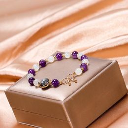 Strand Fashion Bowknot White Moonstone/Purple Crystal/Black Quartz Rutilated Beads Gold Color Bracelets For Women Female