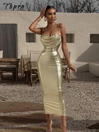 Basic Casual Dresse Sexy Spaghetti Strap Gold Midi Dress Fashion Wrap Chest Slim Backless 2023 Summer Party Club Bodycon Vestidos 230629
