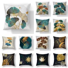 Cushion/Decorative 45x45cm Ginkgo Leaf Cushion Cover Black Gold Leaf Lumbar Cover Living Room Chair Sofa Home Decor Gift R230629