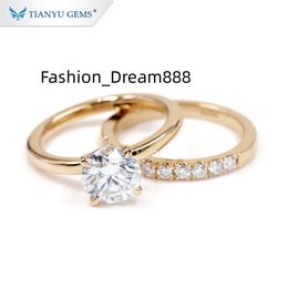 Tianyu joias finas anillo bagaue 585 750 anel de casamento em ouro amarelo sólido real solitário moissanite anel de noivado conjunto para mulher