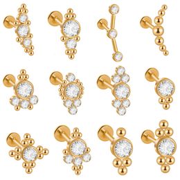 Navel Bell Button Rings 12PCS 316L Steel 16G Cz Labret Lip Ring Gold Plated Crystal Cluster Ear Cartilage Tragus Helix Lobe Earrings Piercing 230628
