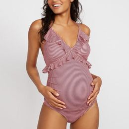 Maternity Swimwears Women's Maternity Swimwear Stripe Print Swimsuit Women Swimwear Ruffle Swimming Suit For Women Pregnancy Beachwear 230628