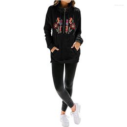 Women's Hoodies Flower Embroidery Sweatshirts Half Stand-up Collar Tops Mid-length Loose Casual Cotton Female