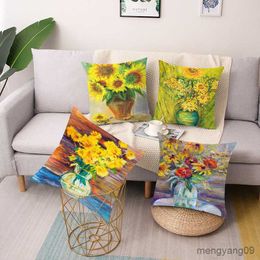 Cushion/Decorative Sunflower oil painting square cushion cover car sofa office chair simple home decoration ornaments R230629