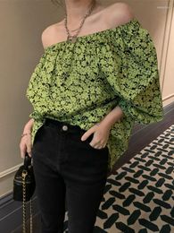 Women's Blouses Fashion Casual Woman Tshirts Womens Tops Female Lady Nice Aesthetic Sexy Straight Neck Broken Flower Blouse Drop