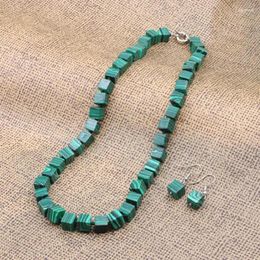 Necklace Earrings Set Fashion Jewellery 8mm Cube Malachite Turquoises Stone Beads Short Chain Dangle Statement Women Sets 18" A947