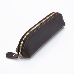 Bags Genuine Leather Pencil Case School Real Crazy Horse Fountain Pen Box Retro Pencilcase Big Penal Large Cartridge Stationery Bag