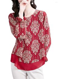 Women's Blouses 4XL Loose Women Spring Summer Shirts Lady Fashion Casual Long Sleeve O-Neck Colla Red Printing Blusas Tops WY0679