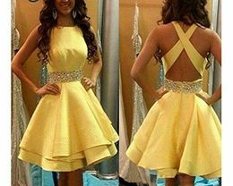 Short Beaded Yellow Satin Homecoming Dresses with Pockets Sexy Back Knee Length Birthday Graduation Dresses for Juniors