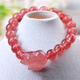 Strand Strawberry Natural Crystal Bracelets 8mm Round Bead With Nine Tails Charm Lucky For Women Gift Jewellery