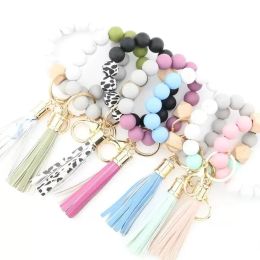 Foreign trade food grade silicone beads bracelet keychain Personalised tassel pendant key ring female multicolor optional 0518