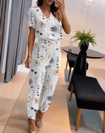 Women's Two Piece Pants Summer Outfits Casual Suit For Women 2023 Fashion Floral Print Puff Sleeve Top & High Waist Cuffed Set Commuting