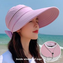 Visors Womens Summer Hat Removable Cap Top with Zipper Empty Cycilng AntiUV Sun Hats Ladies Foldable Big Brim Visor Caps 230627