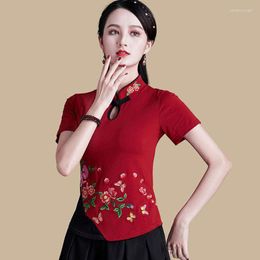 Ethnic Clothing Cheongsam Women Plus Size Tops 2023 Cotton Blend Fabric Embroidery Splicing Stand Collar Short Sleeve Chinese Style Qipao