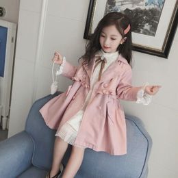 Coat Spring Autumn Blue Pink Colour Long Sweet Jackets For Girls Teenager Fashion Kids Korean Windbreaker Outerwear Trench Top