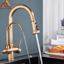 Bathroom Sink Faucets Antique Brass Filtered Faucet Kitchen Pull Out 360 Rotation Water Philtre Tap 3 in 1 Kitchen Sink Mixer Purification Water Mixer 230628