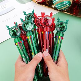 Pens 10Pcs/Lot Cute Christmas 10 Colour Ballpoint Pen Sequin Elk Santa Claus Retractable MultiColor Pen Gift School Office Stationery