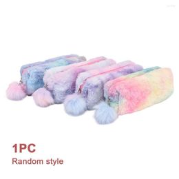 Girl Plush Rainbow Bag Student Large Capacity Cute Fluffy Gift Soft Pen Holder Zipper Kids Pencil Case School Supplies Storage
