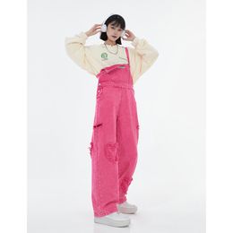 Womens Rose Red Vintage Suspender Jeans Baggy Pocket Straight Pants Streetwear Casual Wide Leg Denim Trouser Ladies