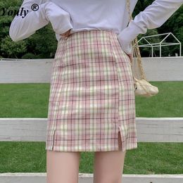 Skirts Harajuku High Waist Split Short Skirt Streetwear Women 2023 Sexy Tartan Print A-line Ladies Girl Slim Plaid Mini